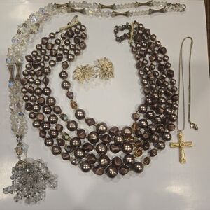 Vintage Lot With 3 Necklaces And Set Of Clip-On Earrings